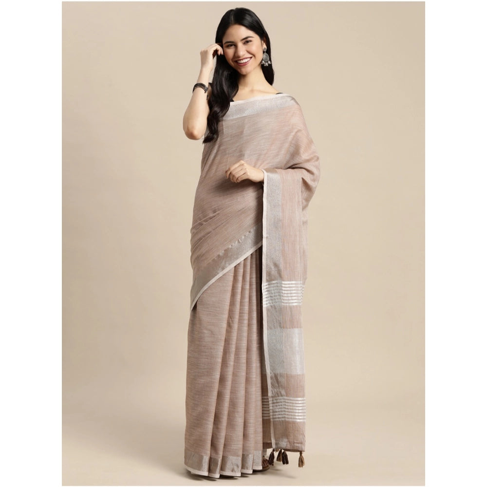 Generic Women's Linen Cotton Printed Saree With Unstitched Blouse 5.5Mtr (Beige)