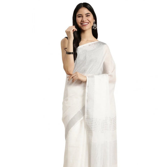 Generic Women's Linen Cotton Printed Saree With Unstitched Blouse 5.5Mtr (White)