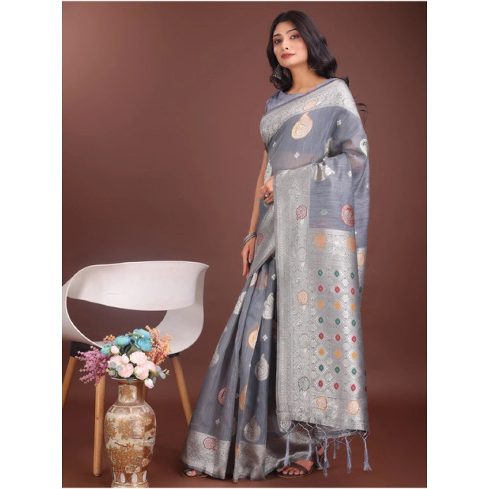 Generic Women's Linen Cotton Printed Saree With Unstitched Blouse 5.5Mtr (Grey)
