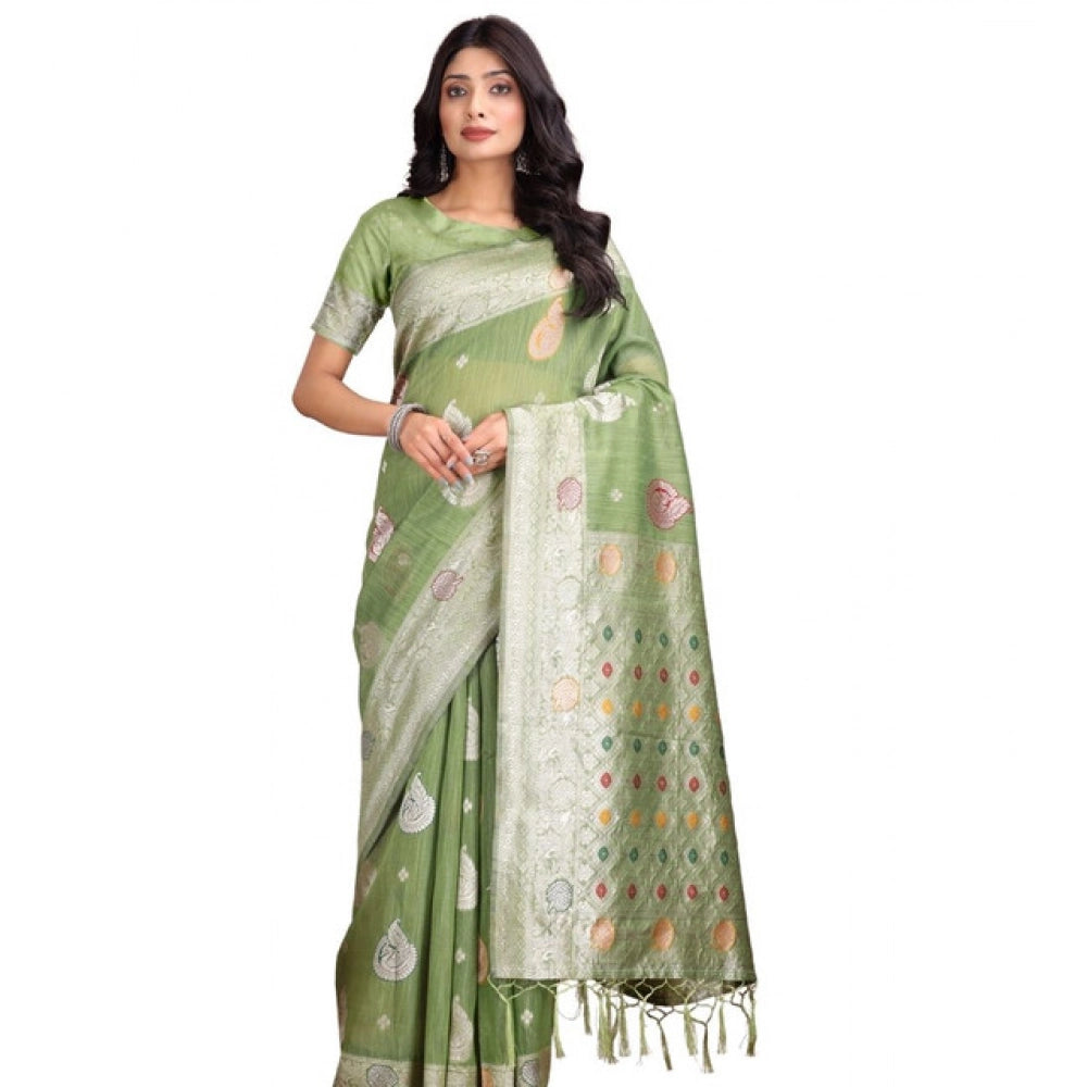 Generic Women's Linen Cotton Printed Saree With Unstitched Blouse 5.5Mtr (Light Green)