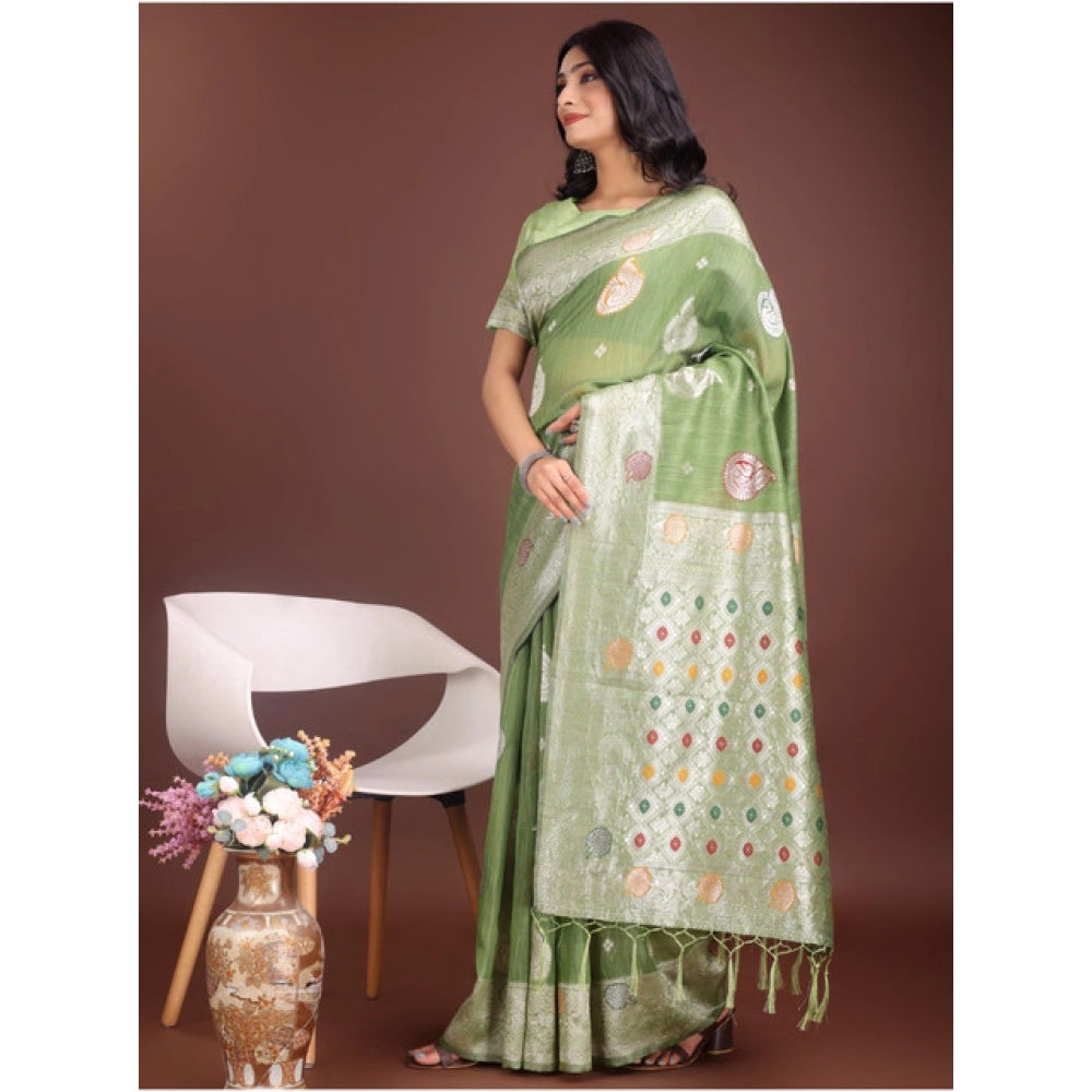 Generic Women's Linen Cotton Printed Saree With Unstitched Blouse 5.5Mtr (Light Green)