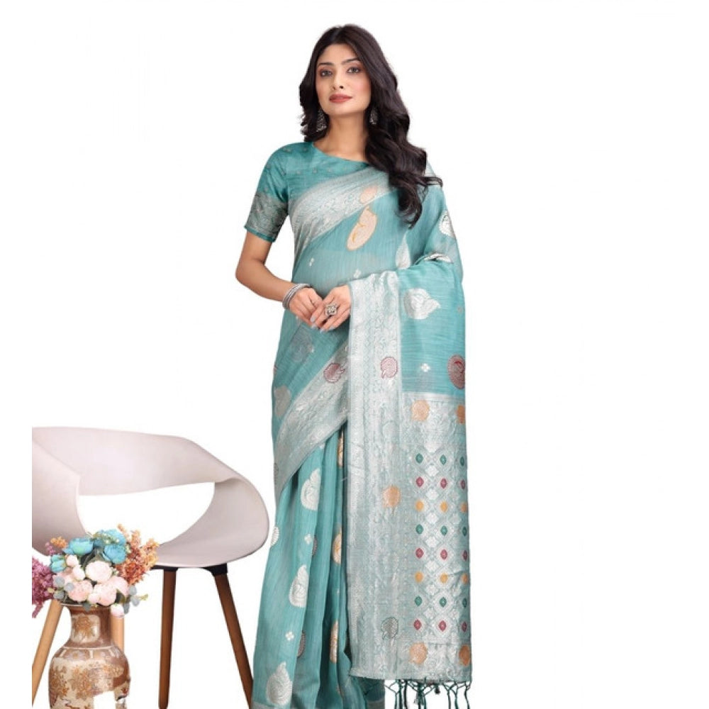 Generic Women's Linen Cotton Printed Saree With Unstitched Blouse 5.5Mtr (Sea Green)