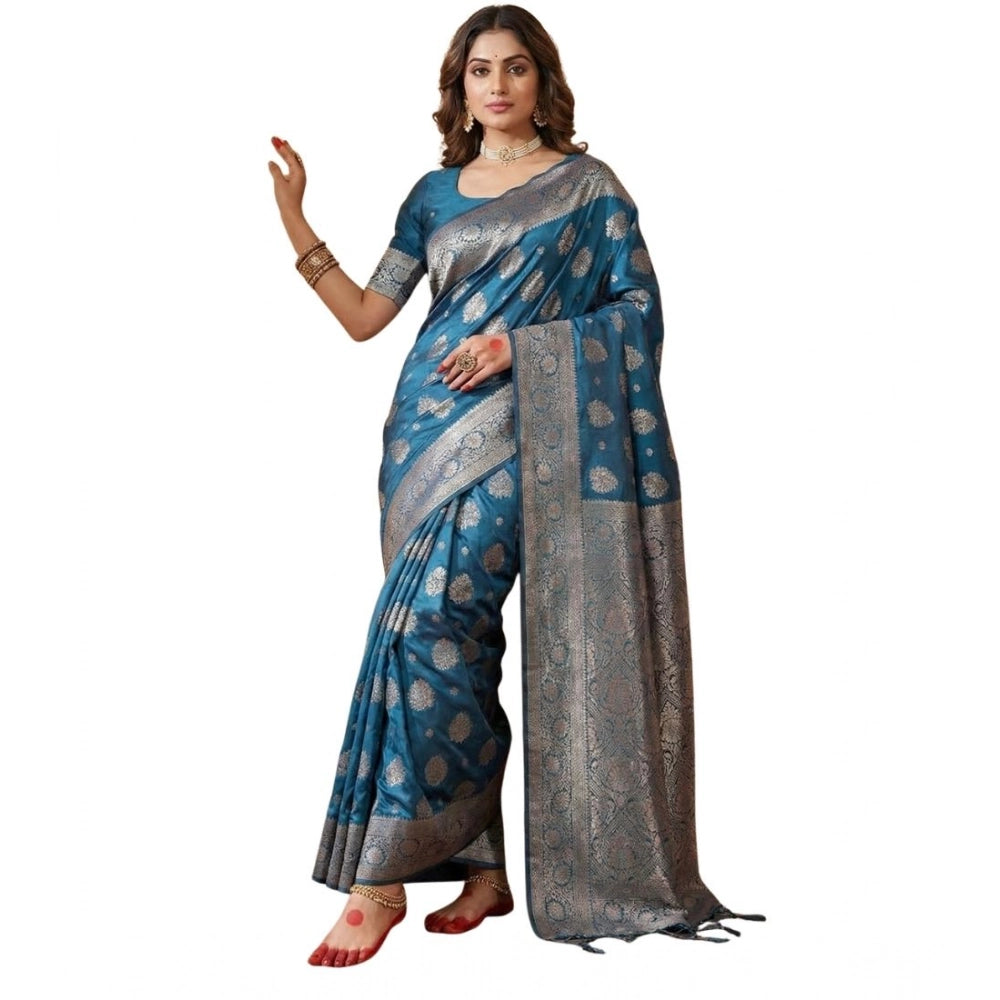 Women's Teal Blue Silk Blend Printed Saree with Unstitched Blouse – 5.5 Mtr