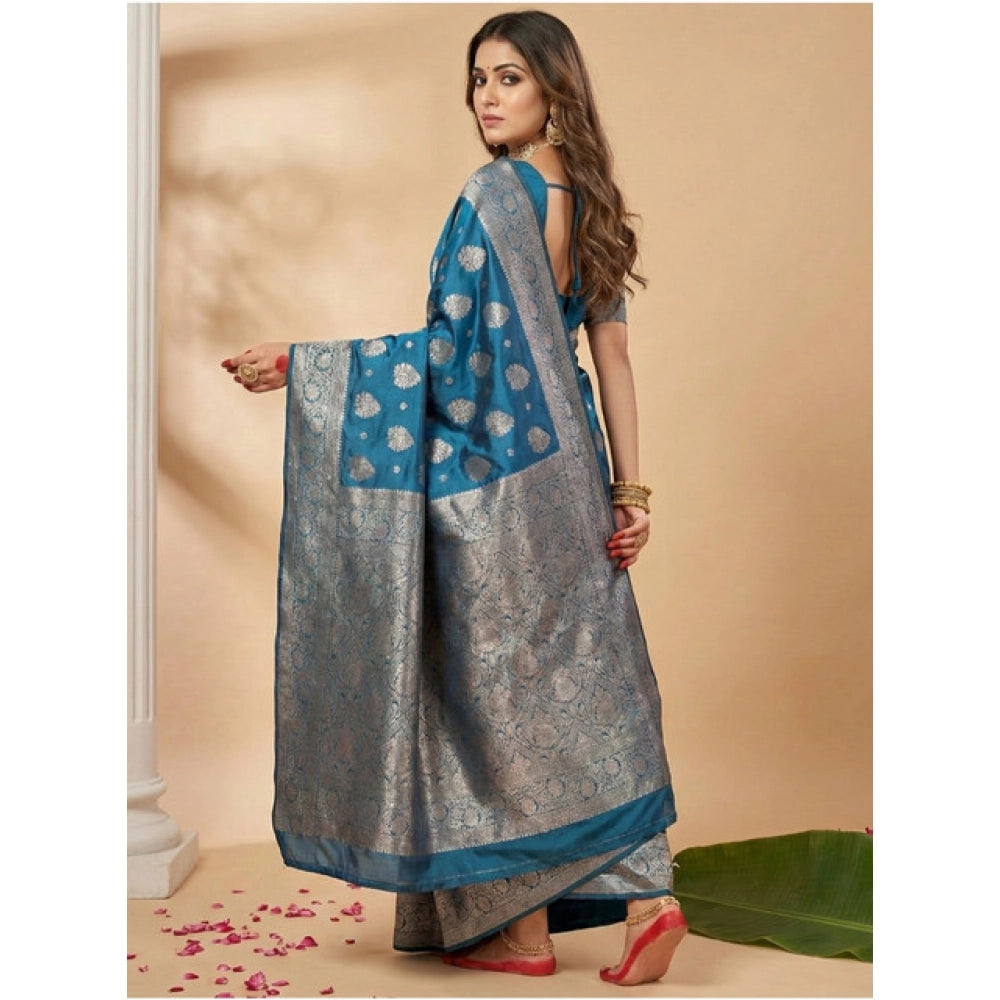 Women's Teal Blue Silk Blend Printed Saree with Unstitched Blouse – 5.5 Mtr
