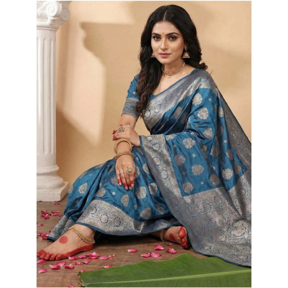 Women's Teal Blue Silk Blend Printed Saree with Unstitched Blouse – 5.5 Mtr