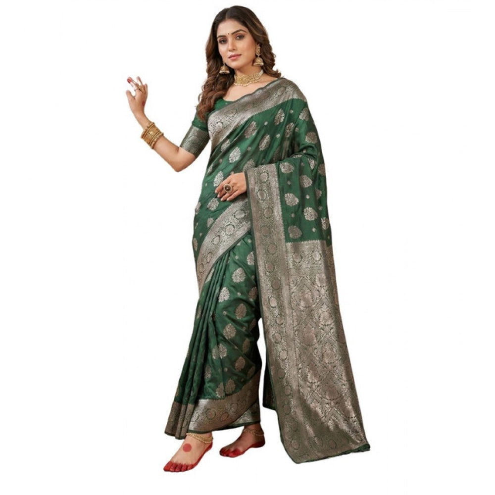 Women's Dark Green Silk Blend Printed Saree with Unstitched Blouse – 5.5 Mtr