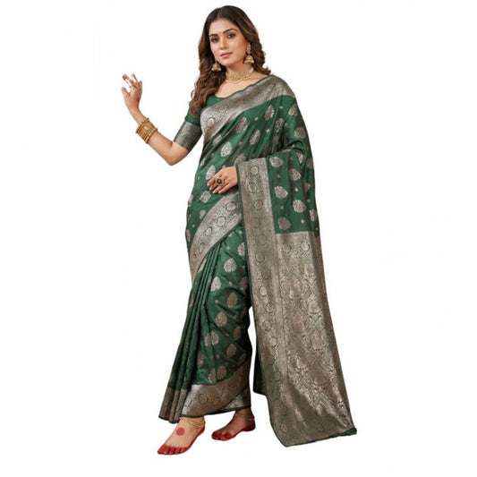 Women's Dark Green Silk Blend Printed Saree with Unstitched Blouse – 5.5 Mtr