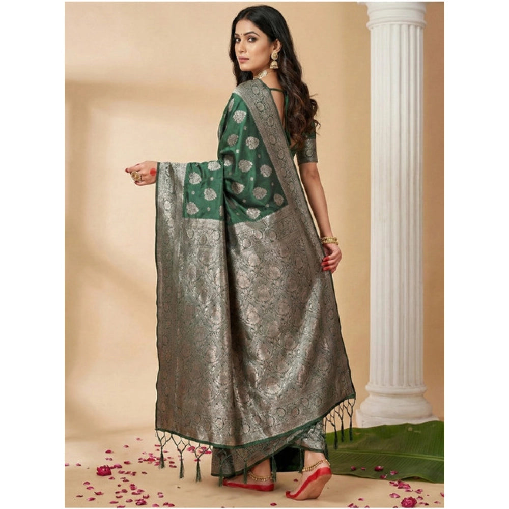 Women's Dark Green Silk Blend Printed Saree with Unstitched Blouse – 5.5 Mtr