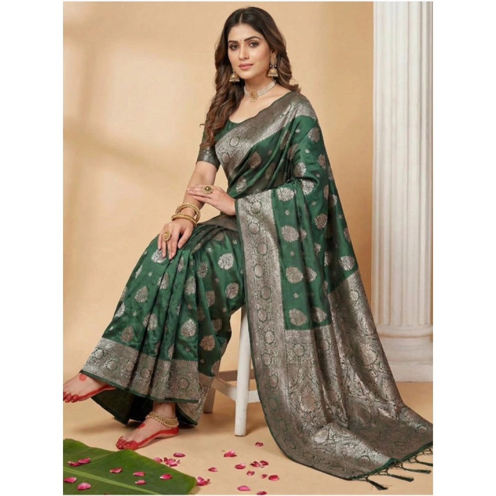 Women's Dark Green Silk Blend Printed Saree with Unstitched Blouse – 5.5 Mtr