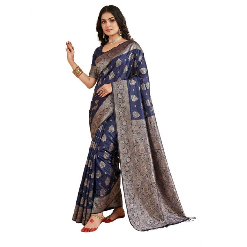Women's Navy Blue Silk Blend Printed Saree with Unstitched Blouse – 5.5 Mtr