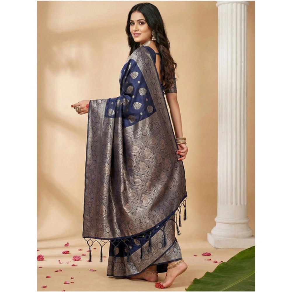 Women's Navy Blue Silk Blend Printed Saree with Unstitched Blouse – 5.5 Mtr