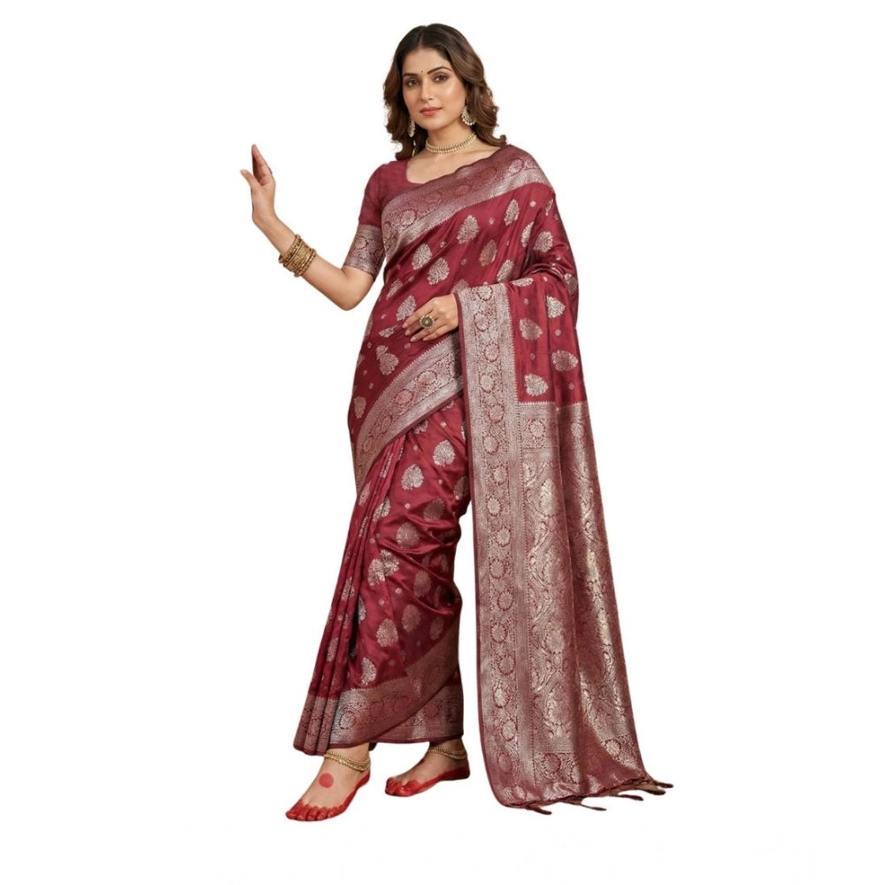 Women's Maroon Silk Blend Printed Saree with Unstitched Blouse – 5.5 Mtr