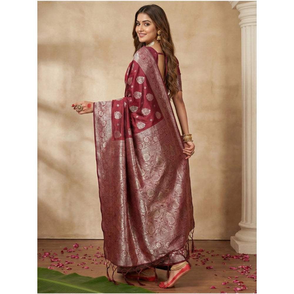 Women's Maroon Silk Blend Printed Saree with Unstitched Blouse – 5.5 Mtr
