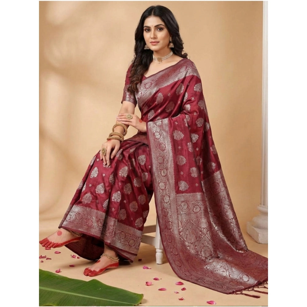 Women's Maroon Silk Blend Printed Saree with Unstitched Blouse – 5.5 Mtr