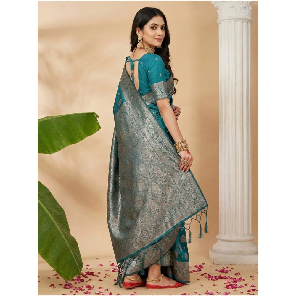 Women's Sea Green Silk Blend Printed Saree with Unstitched Blouse – 5.5 Mtr