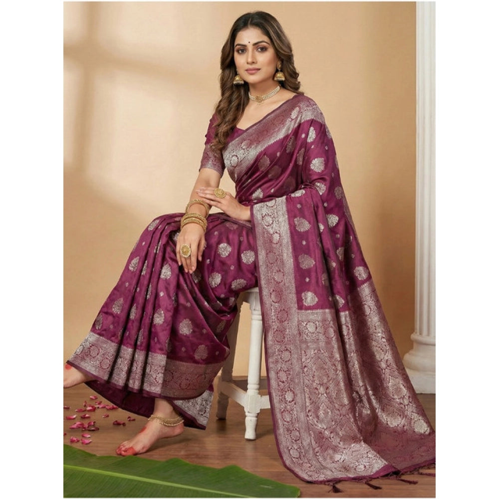 Women's Purple Silk Blend Printed Saree with Unstitched Blouse – 5.5 Mtr