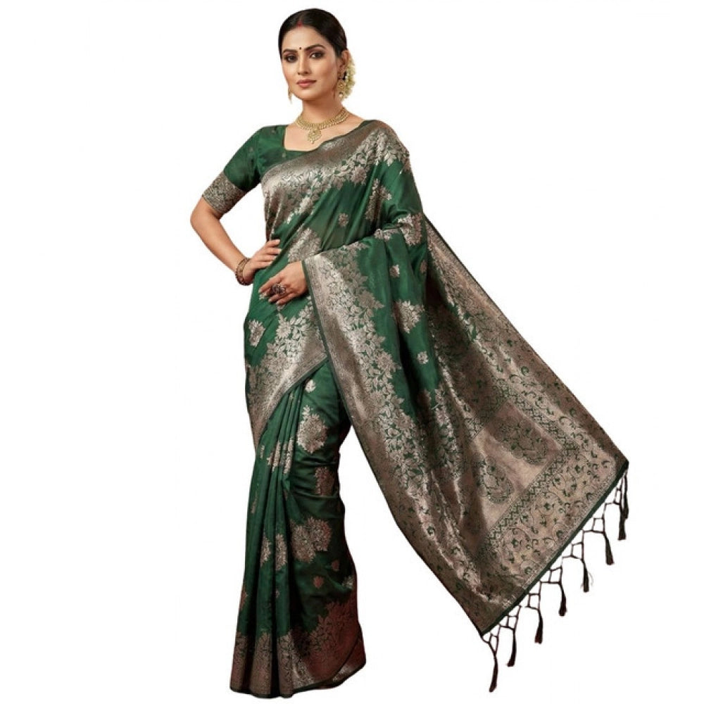 Women's Dark Green Silk Blend Printed Saree with Unstitched Blouse – 5.5 Mtr