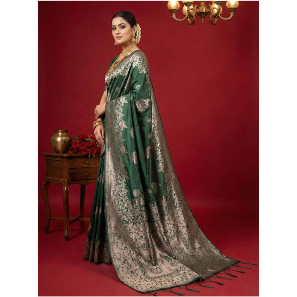 Women's Dark Green Silk Blend Printed Saree with Unstitched Blouse – 5.5 Mtr