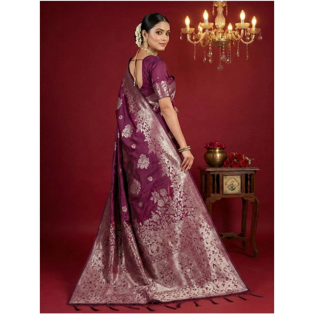 Women's Purple Silk Blend Printed Saree with Unstitched Blouse – 5.5 Mtr