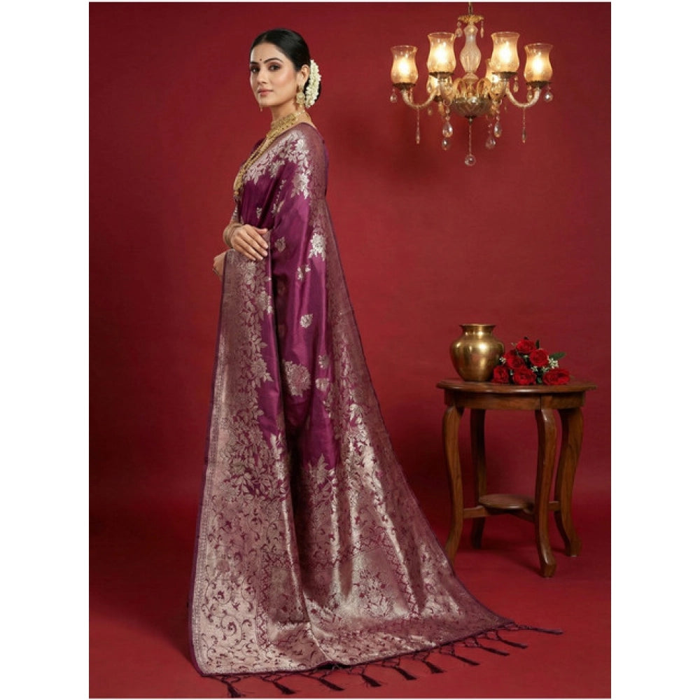 Women's Purple Silk Blend Printed Saree with Unstitched Blouse – 5.5 Mtr