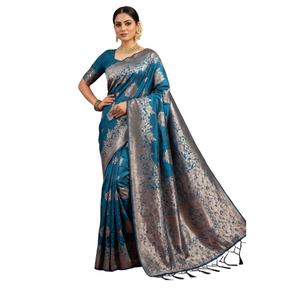Women's Teal Blue Silk Blend Printed Saree with Unstitched Blouse – 5.5 Mtr