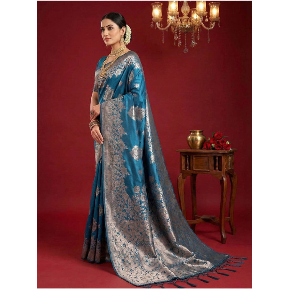 Women's Teal Blue Silk Blend Printed Saree with Unstitched Blouse – 5.5 Mtr