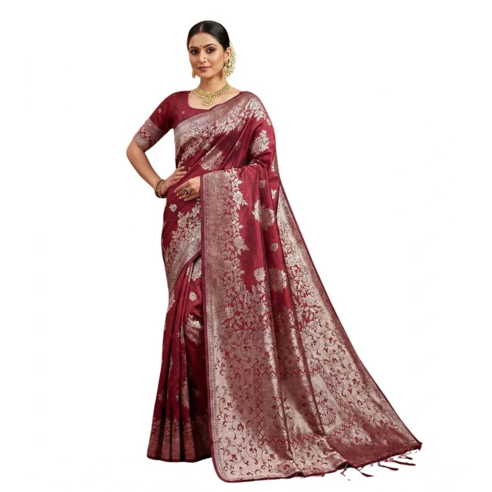 Women's Maroon Silk Blend Printed Saree with Unstitched Blouse – 5.5 Mtr