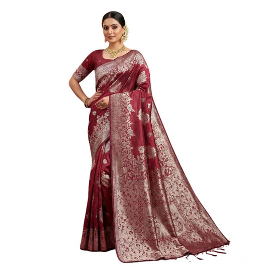 Women's Maroon Silk Blend Printed Saree with Unstitched Blouse – 5.5 Mtr