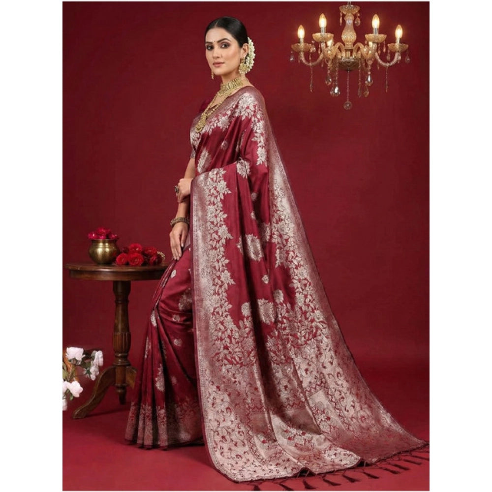 Women's Maroon Silk Blend Printed Saree with Unstitched Blouse – 5.5 Mtr
