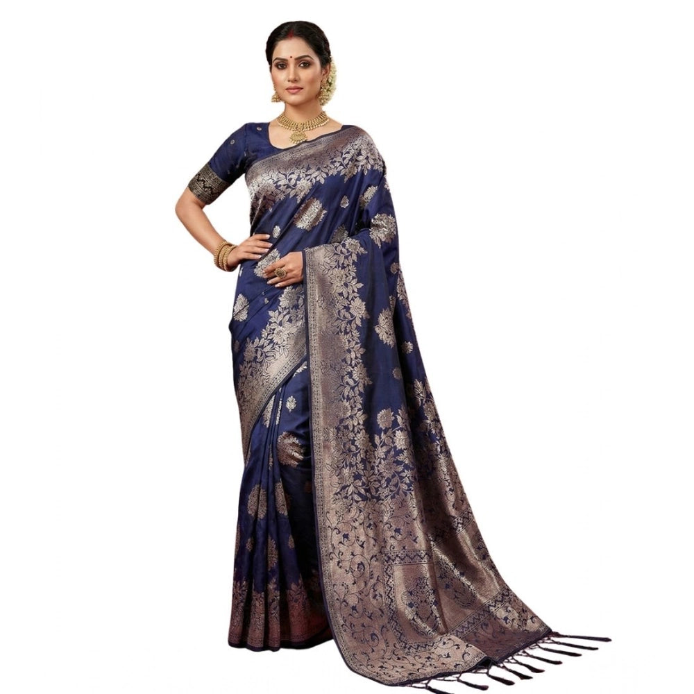 Women's Navy Blue Silk Blend Printed Saree with Unstitched Blouse – 5.5 Mtr