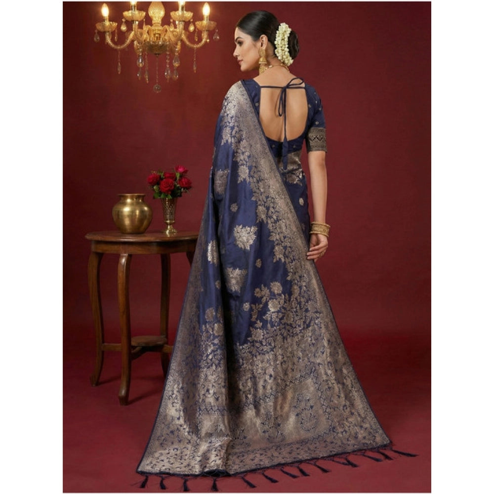 Women's Navy Blue Silk Blend Printed Saree with Unstitched Blouse – 5.5 Mtr