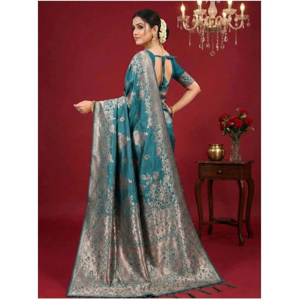 Women's Sea Green Silk Blend Printed Saree with Unstitched Blouse – 5.5 Mtr