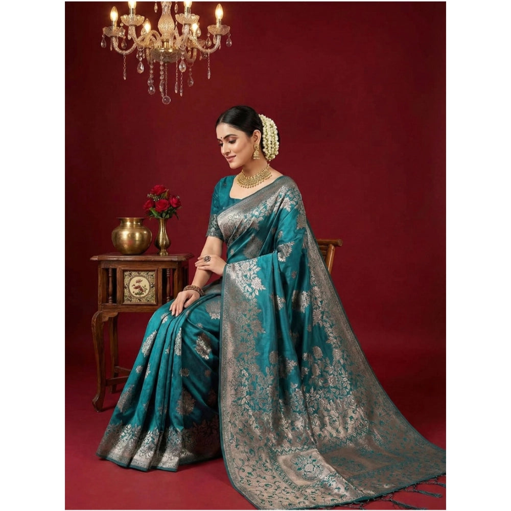 Women's Sea Green Silk Blend Printed Saree with Unstitched Blouse – 5.5 Mtr