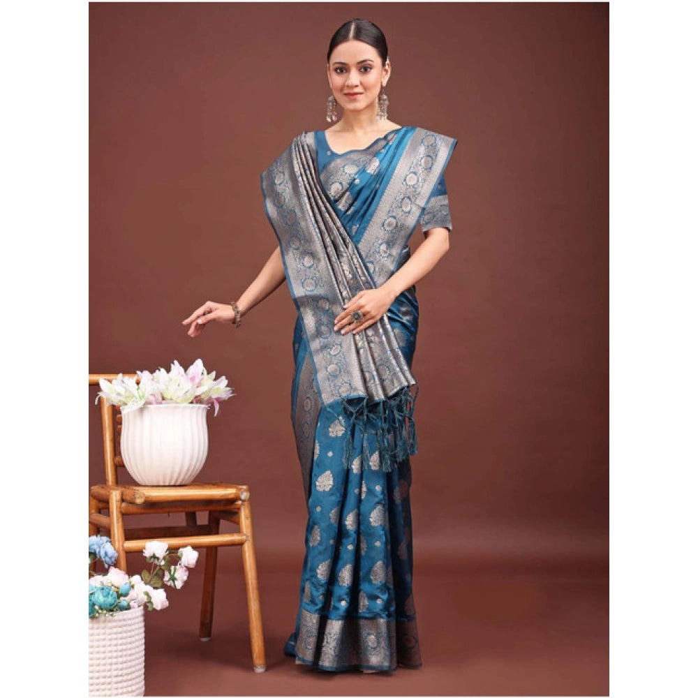 Generic Women's Banarasi Silk Printed Saree With Unstitched Blouse 5.5Mtr (Teal Blue)