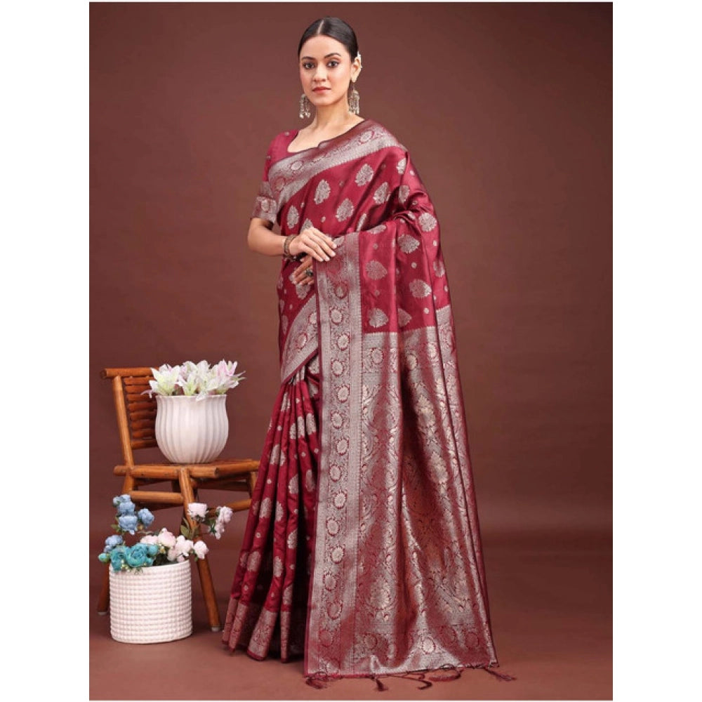 Generic Women's Banarasi Silk Printed Saree With Unstitched Blouse 5.5Mtr (Maroon)