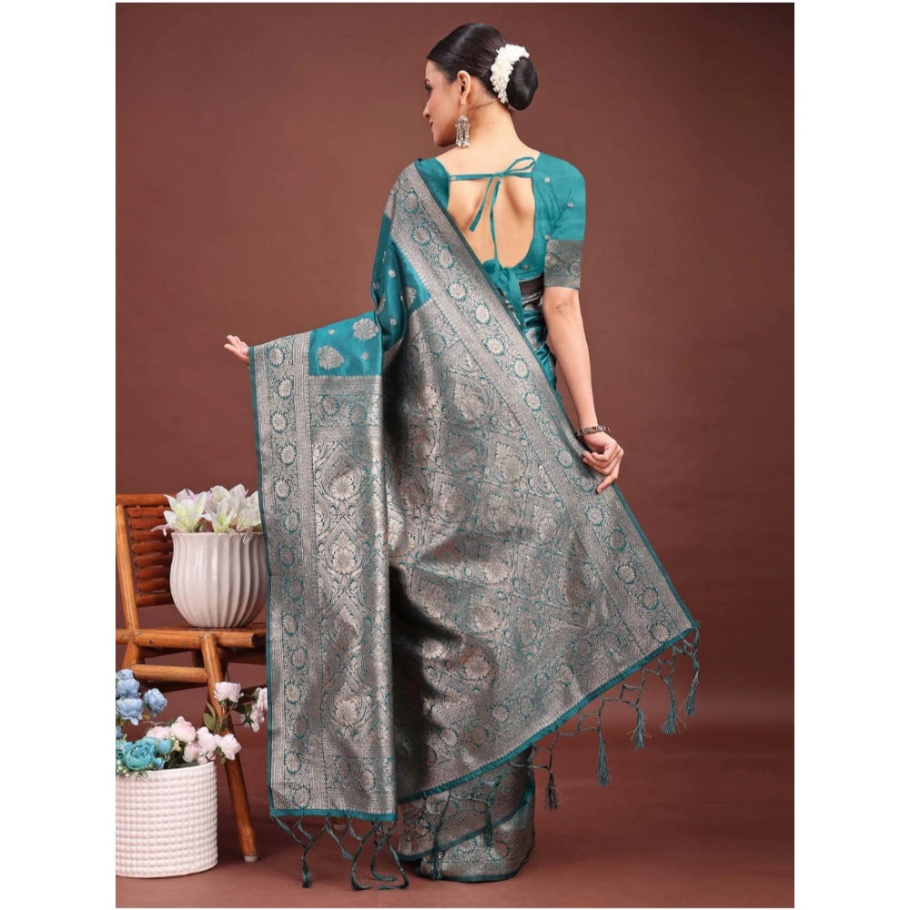 Generic Women's Banarasi Silk Printed Saree With Unstitched Blouse 5.5Mtr (Sea Green)