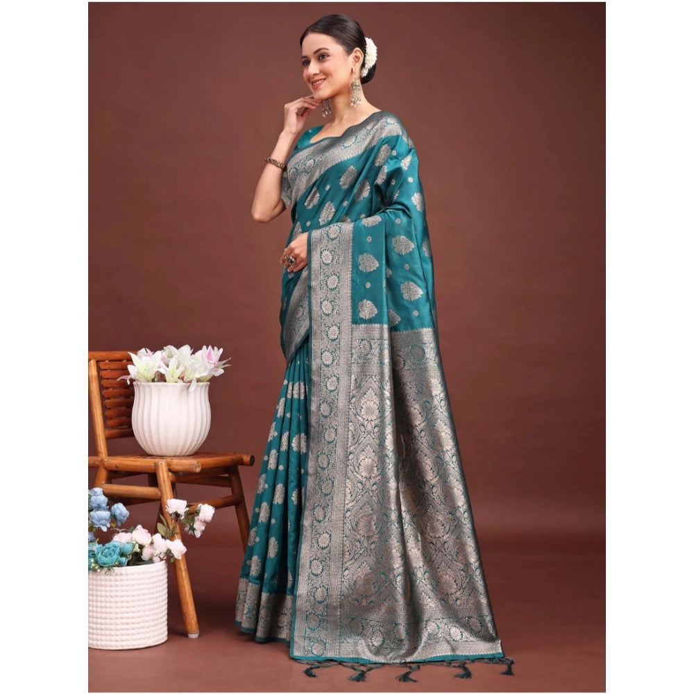 Generic Women's Banarasi Silk Printed Saree With Unstitched Blouse 5.5Mtr (Sea Green)