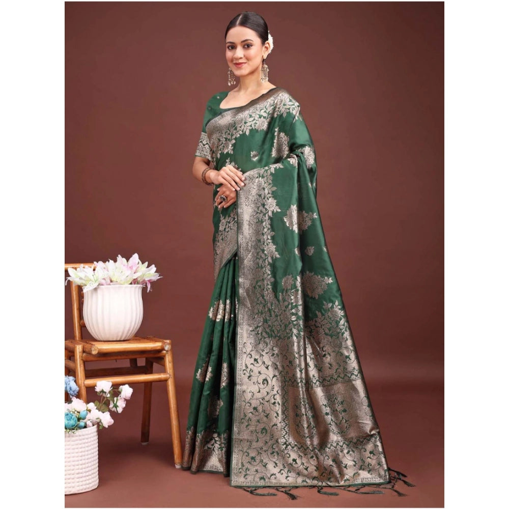 Generic Women's Banarasi Silk Printed Saree With Unstitched Blouse 5.5Mtr (Dark Green)