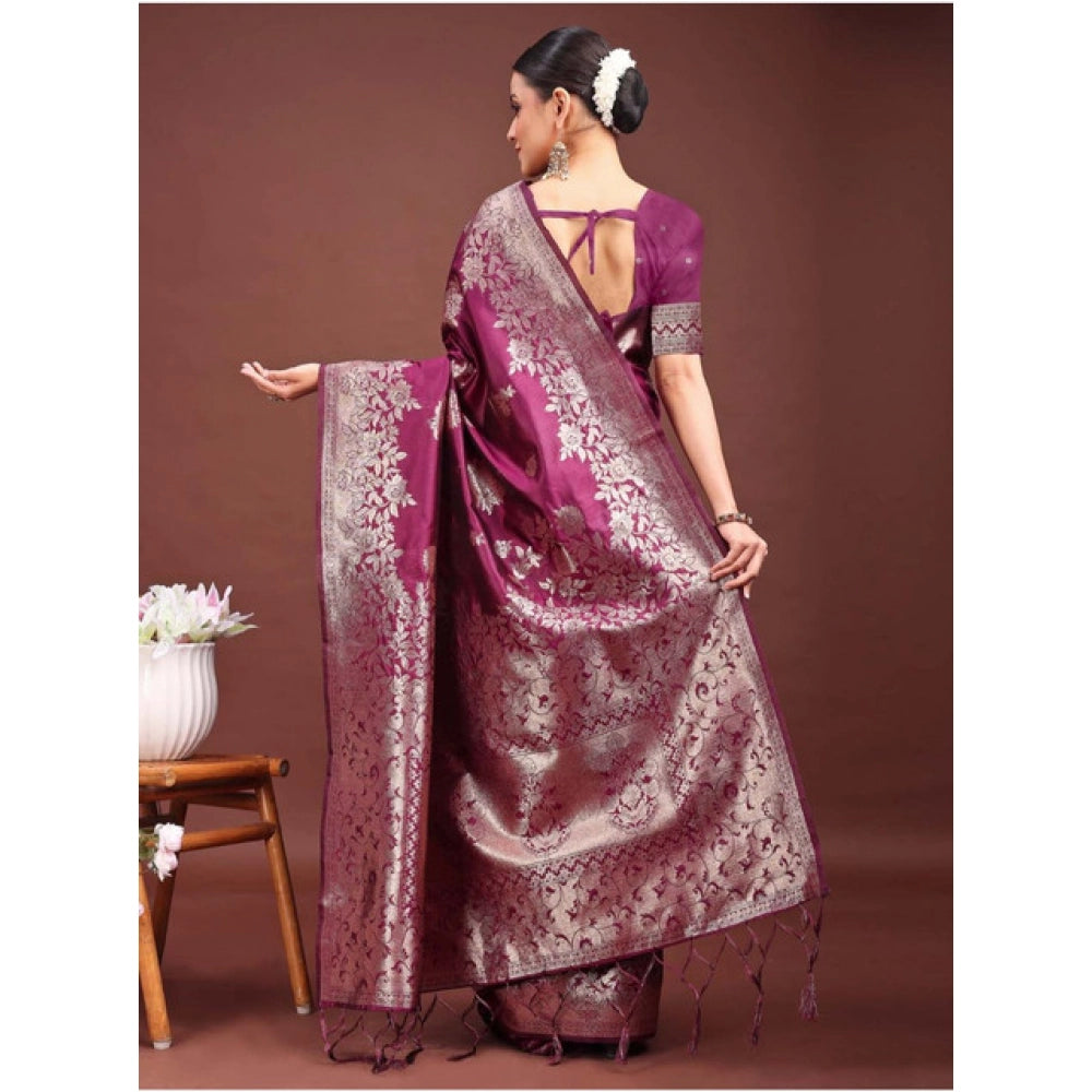Generic Women's Banarasi Silk Printed Saree With Unstitched Blouse 5.5Mtr (Purple)