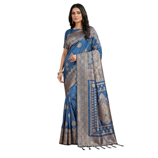 Women's Sky Blue Silk Blend Printed Saree with Unstitched Blouse – 5.5 Mtr