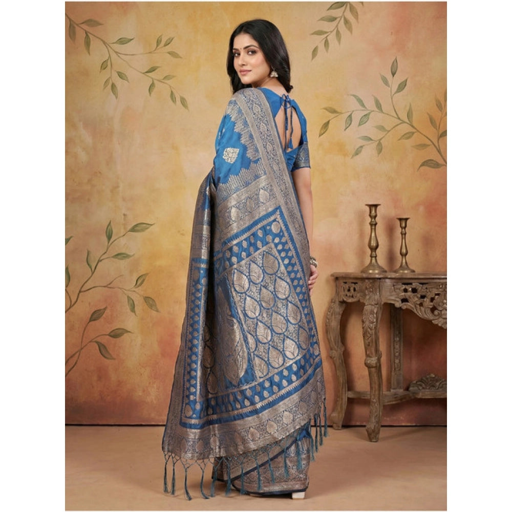 Women's Sky Blue Silk Blend Printed Saree with Unstitched Blouse – 5.5 Mtr