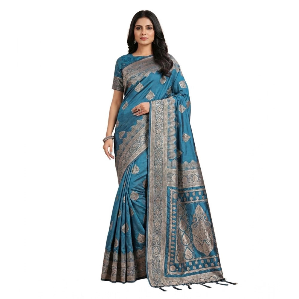 Women's Teal Silk Blend Printed Saree with Unstitched Blouse – 5.5 Mtr