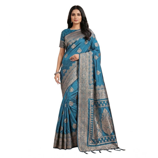 Women's Teal Silk Blend Printed Saree with Unstitched Blouse – 5.5 Mtr