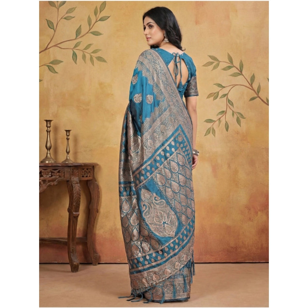 Women's Teal Silk Blend Printed Saree with Unstitched Blouse – 5.5 Mtr