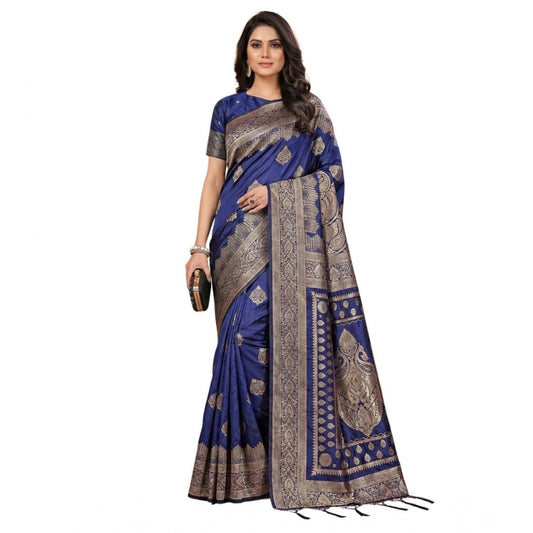 Women's Navy Blue Silk Blend Printed Saree with Unstitched Blouse – 5.5 Mtr