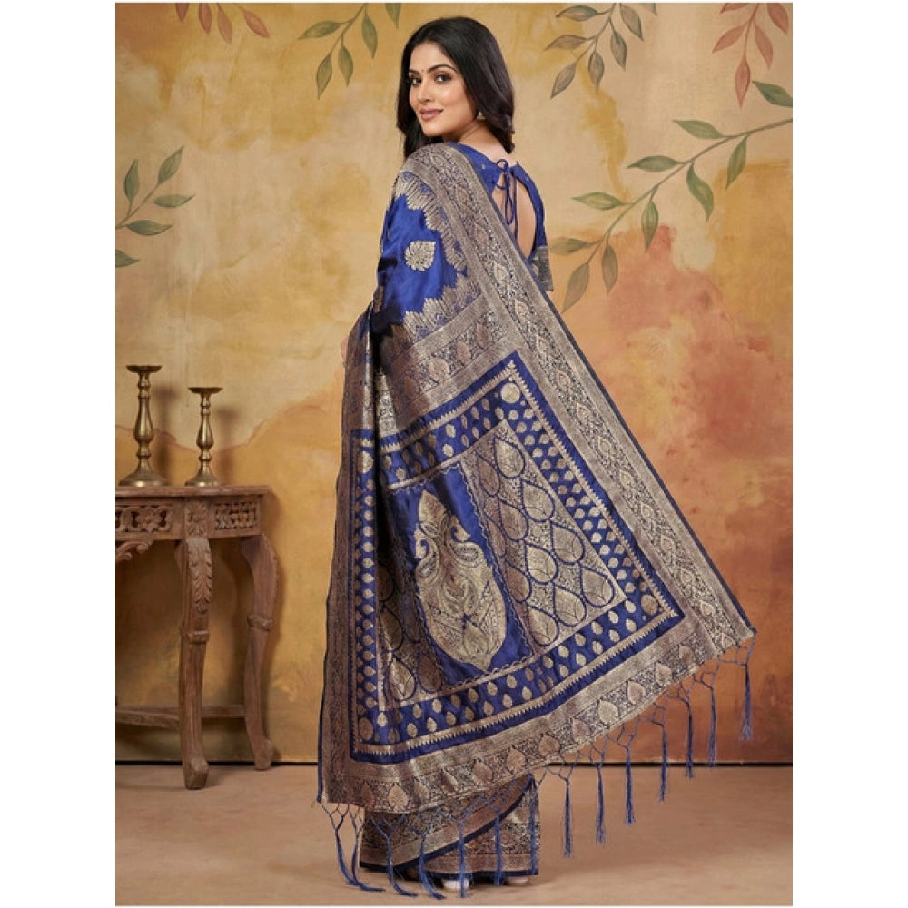 Women's Navy Blue Silk Blend Printed Saree with Unstitched Blouse – 5.5 Mtr