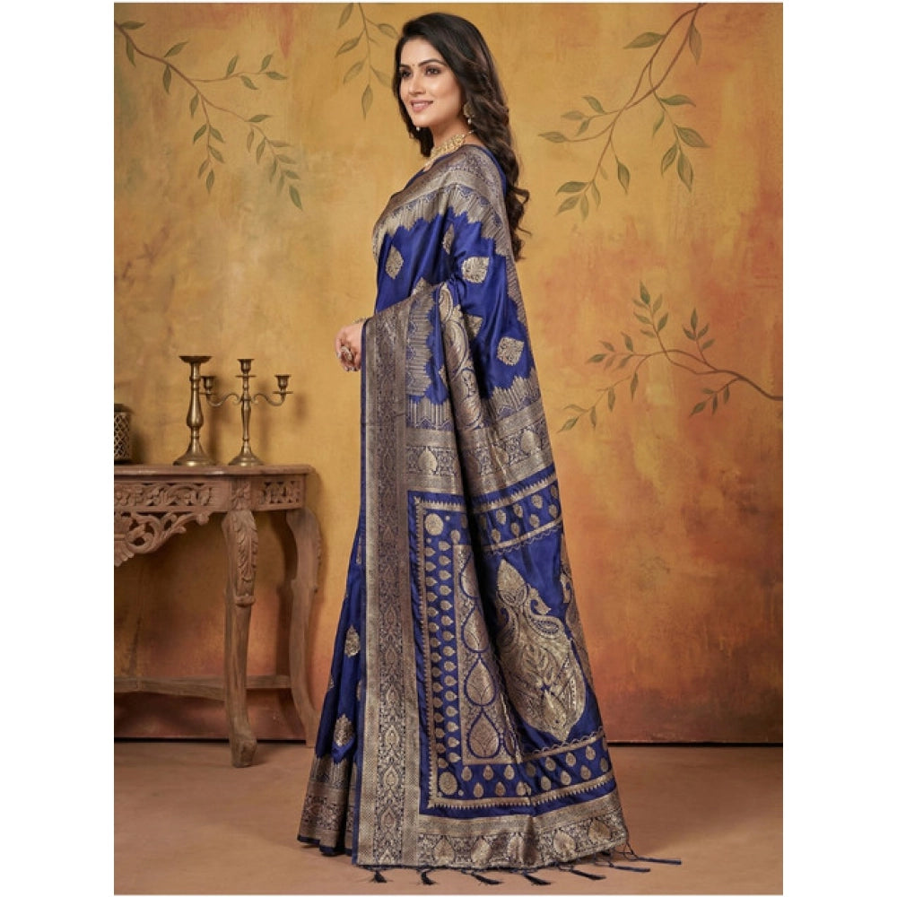 Women's Navy Blue Silk Blend Printed Saree with Unstitched Blouse – 5.5 Mtr