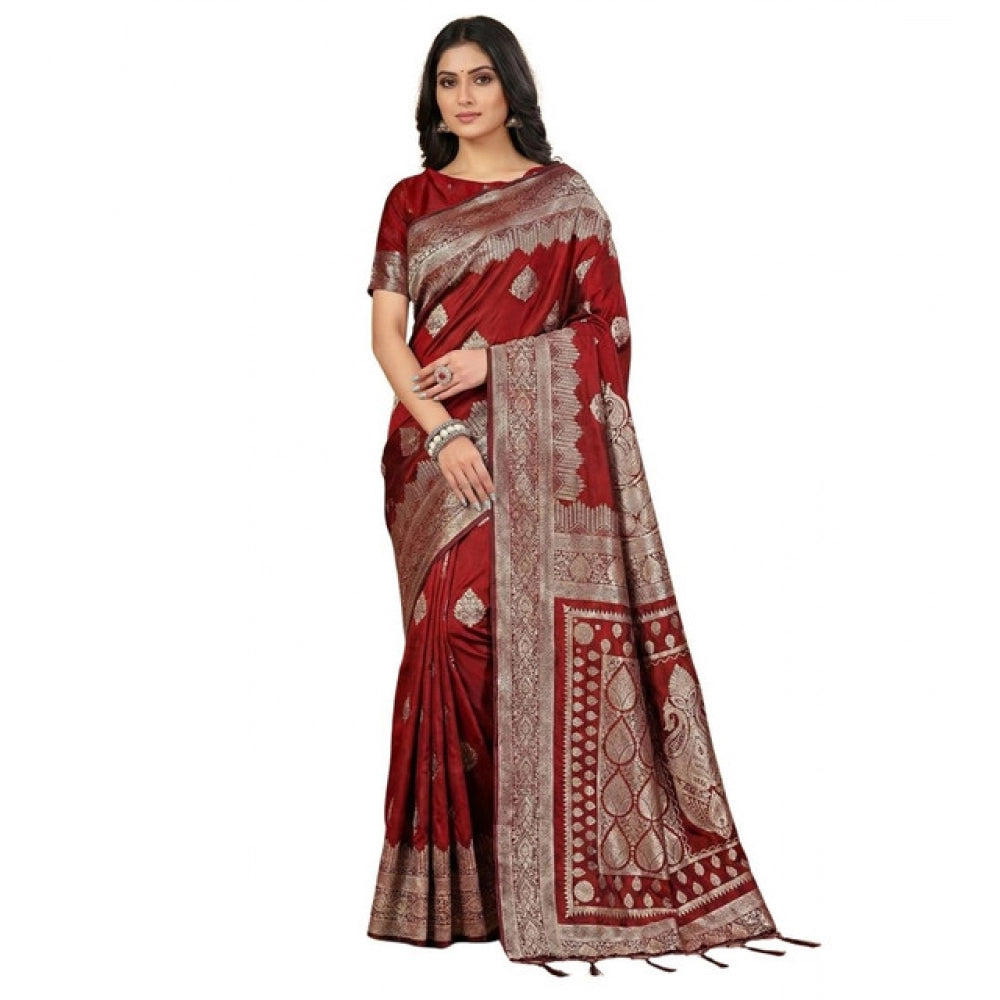 Women's Maroon Silk Blend Printed Saree with Unstitched Blouse – 5.5 Mtr
