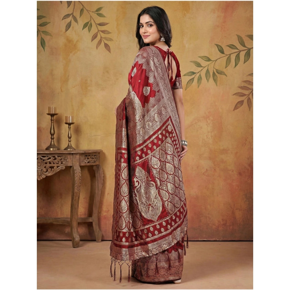 Women's Maroon Silk Blend Printed Saree with Unstitched Blouse – 5.5 Mtr