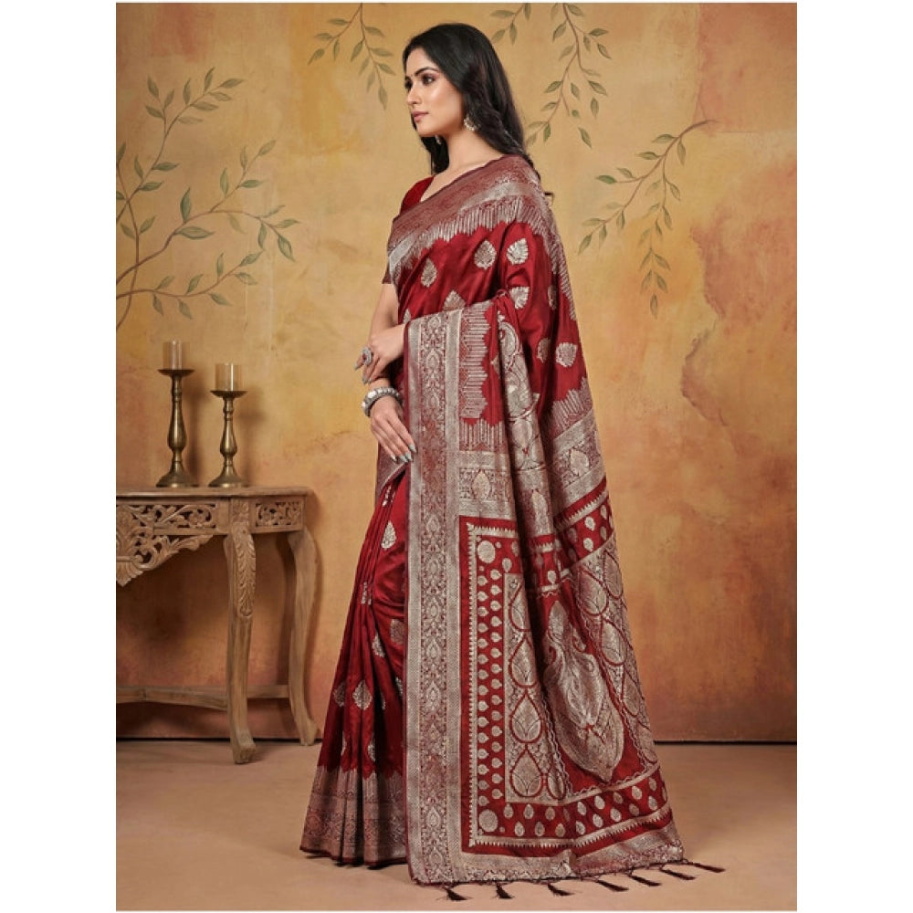 Women's Maroon Silk Blend Printed Saree with Unstitched Blouse – 5.5 Mtr